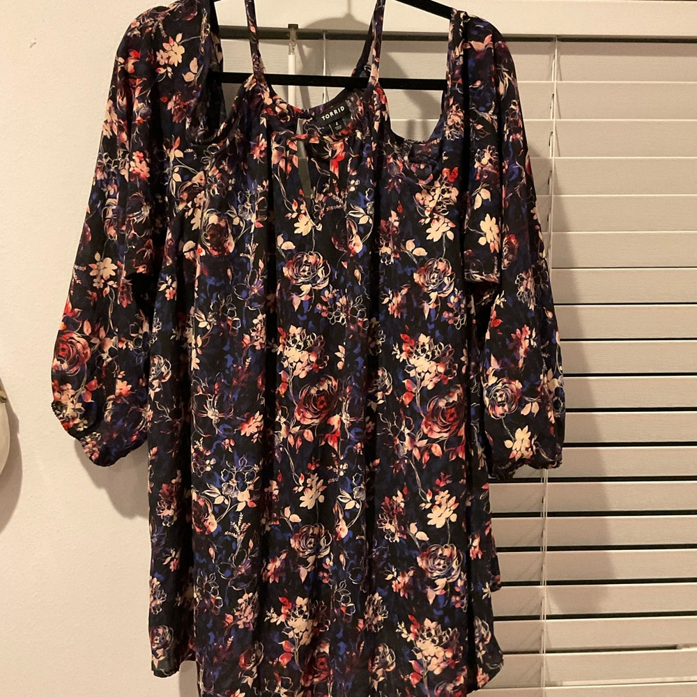 Floral Cold-Shoulder Tunic Top - Navy Base with Multi-Color Floral Print